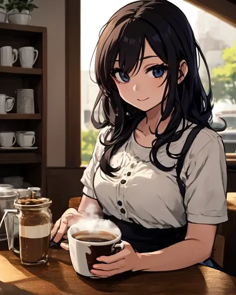 ( adult woman):  Japanese anime style、 Japanese Manga Style 、solo、( perfect face)、(Detailed clothing)、 A Single Elegant Woman 、(The coffee shop hostess )、３５talent、 Her Eyes Are Seriously Smiling Her Mouth 、 dark brown hair 、 Her Hair Is Relaxed and Wavy To...