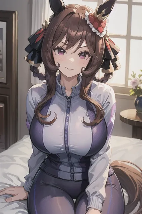 gentildonna,umamusume,1girl, animal ears, solo, purple eyes, horse tail,large breasts,,light smile,best quality,Luxury hotel room,pilot suit