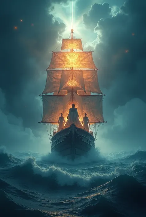 ship, на борту которого находится Awakening Kundalini Through 528 Hz Tantra Meditation
,  in the middle of a storm ,  and in the background there is a lighthouse ,  whose light indicates and aligns the ship's course, going there 