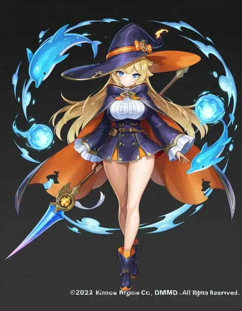 1girl, looking at viewer, simple background, full body, standing, last period, ayakashi rumble, Kamihime PROJECT, mist train girls, dolphin wave, holding weapon, dmm, curvy,  character design, cloak, witch,
