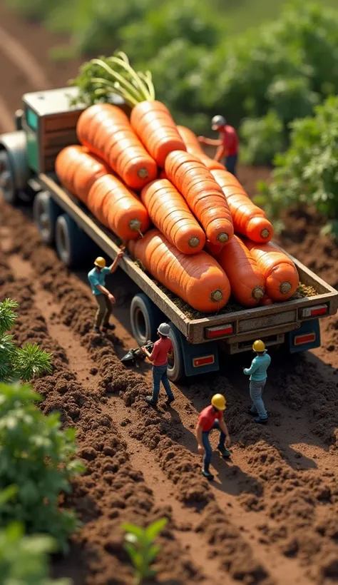 Tiny human workers harvesting and loading gigantic carrots onto a large cargo truck. One worker struggles to pull a massive carrot from the soil with a rope, while another uses a giant shovel to dig around it. A small crane lifts a huge carrot onto the tru...