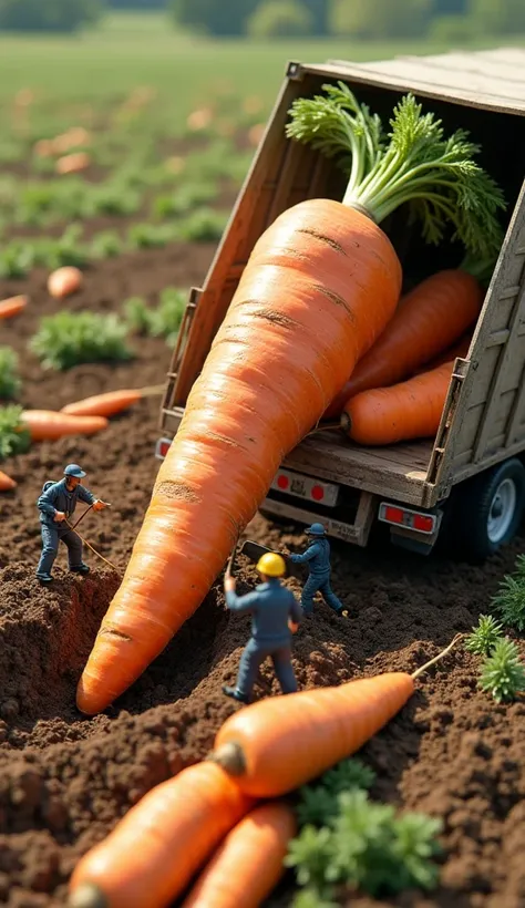 Tiny human workers harvesting and loading gigantic carrots onto a large cargo truck. One worker struggles to pull a massive carrot from the soil with a rope, while another uses a giant shovel to dig around it. A small crane lifts a huge carrot onto the tru...