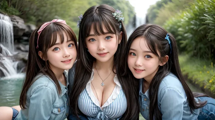 ( 3 girls),smile、   Look into the camera   、    Diamond Necklace、Pigtail  ,  Wear it with a denim skirt. Smooth material.  ,      slippery and elastic      ..、    revealing upper arms    、  , blue-green striped socks , Knee Length   ,   extra long winged h...