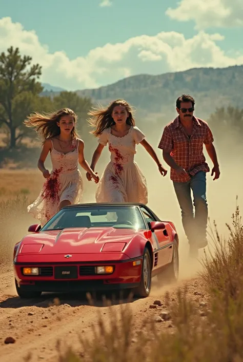 Les filles de Charles Ingalls en sang  poursuivis par Magnum Tom Selleck en voiture rouge 