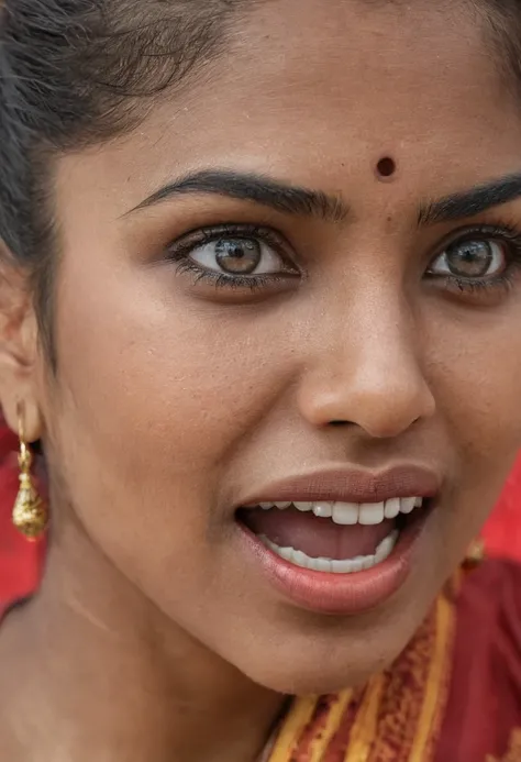 Ultra detailed photo of kannadiga woman, beautiful girl, highest quality realistic skin, eyes in focus, 25 years old, focus on mouth, open mouth, saliva, open mouth wide, inside of mouth visible, ponytail hair, mouth open wide, uvula visible, mouth open wi...