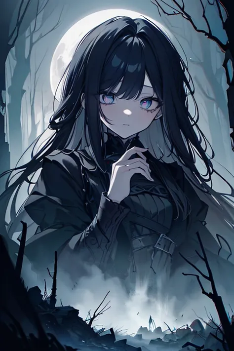 a detailed fantasy scene depicting Walpurgis Night, a dark and mysterious gathering of witches and supernatural beings, (1girl,detailed face,beautiful eyes,detailed lips,long hair), wearing a dark gothic dress, (dark moody atmosphere,dramatic lighting,dark...