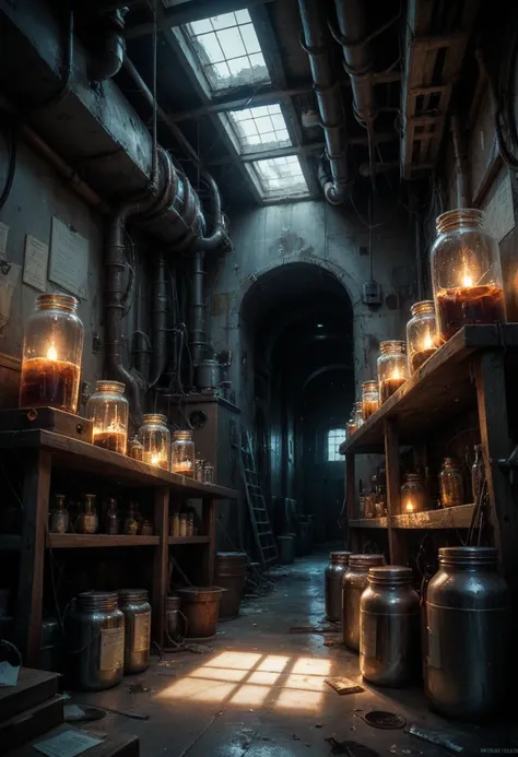  Creates an image of an abandoned underground laboratory , full of messy tables ,  jars of chemicals and old machinery ,  illuminated by a faint light that highlights its enigmatic atmosphere