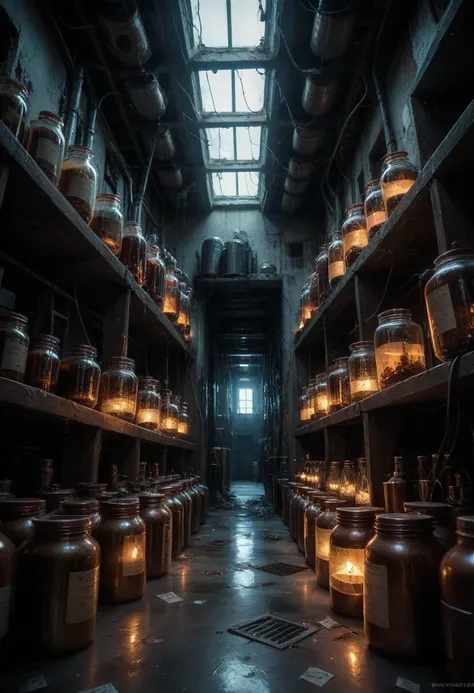  Creates an image of an abandoned underground laboratory , full of messy tables ,  jars of chemicals and old machinery ,  illuminated by a faint light that highlights its enigmatic atmosphere