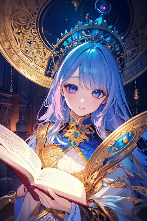 a whimsical fantasy world, a captive sun shining, detailed magical book, beautiful girl reading book, intricate fantasy architecture, glowing celestial elements, vibrant colors, dramatic lighting, (best quality,4k,8k,highres,masterpiece:1.2),ultra-detailed...