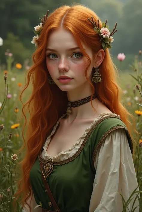 20-year-old peasant woman , Almost blond red hair,  green eyes, medieval,  with medicine supplies from medicinal plants  , Running away from one from a very handsome man , gentleman , brunette with purple eyes .  realistic style  