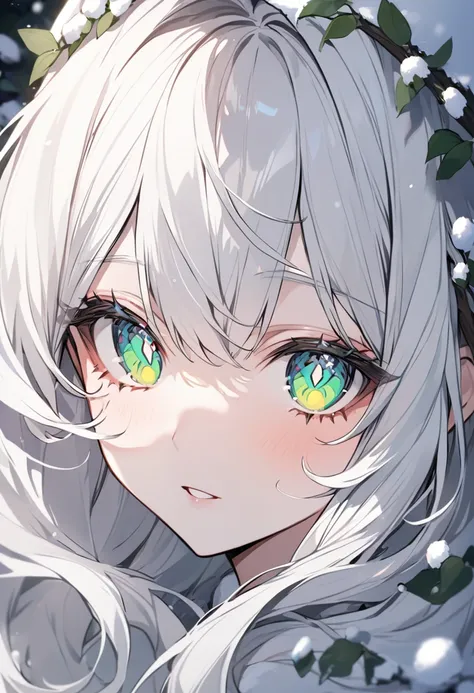 Maiden with green pupils eyes and long white hair that look like a snow