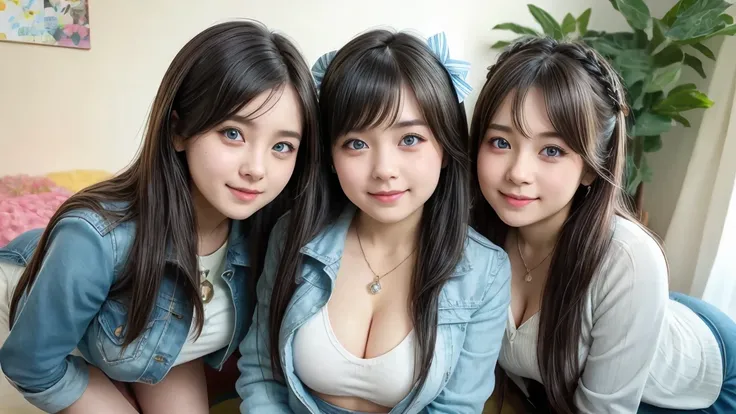 ( 3 girls),smile、   Look into the camera   、    Diamond Necklace、Pigtail  ,  Wear it with a denim skirt. Smooth material.  ,      slippery and elastic      ..、    revealing upper arms    、  , blue-green striped socks , Knee Length   ,   extra long winged h...