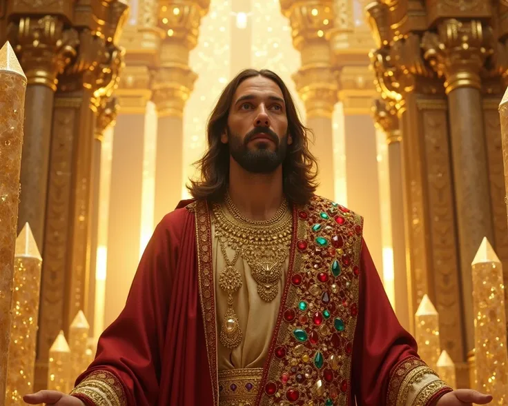 Jesus dressed in precious stones in his kingdom of gold and crystals with Rio Azul cinematographic 8k high definition