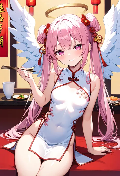    one girl、 pink hair、 pink eyes、 Tiny Breasts 、 half twin twin tail、Angel Wings 、 With a Bright Smile 、 Chinese clothes、Chinese restaurant、to have a bright smile 、like々New Appearance、 short、 Seductive Thighs 