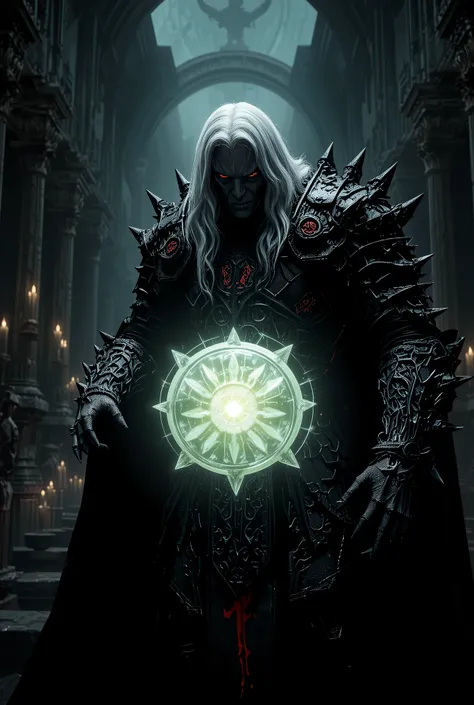 "A menacing dark knight with long white hair clad in intricate, spiked black armor with glowing crimson runes etched into its surface, reaches out toward a massive glowing white green capsule. The capsule hovers in the center of a dimly lit ancient cathedr...