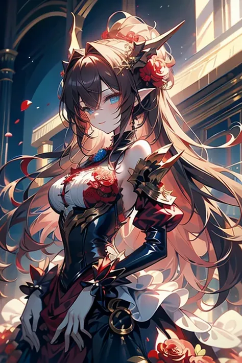 Front ，ID photo，red skirt and black   ，  she has brown hair and eyes  。  There are balls on both sides of the head   ，   shoulder-length hair   ，  anime girl in a gothic lolita dress  , with red flower decorations on the head  。she is wearing a white blous...