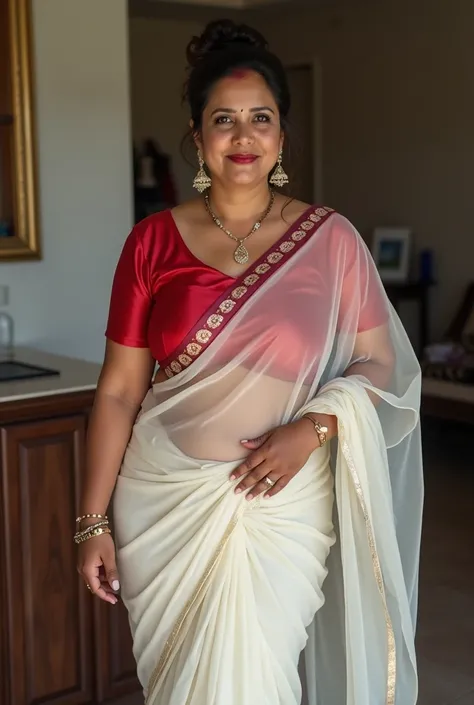 40 year old married Indian woman looking at viewer,  wearing a long transparent white silk sari made of shiny polyester,  and a red silk blouse  , big fat ass, wide hips, big thighs , Big Chest Picked Up,  voluptuous body,Fat and wide ass ,messy bun,  lips...