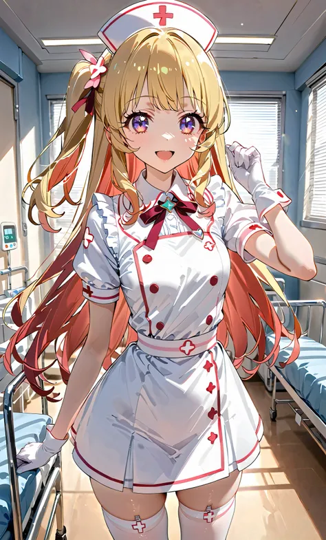 aikatsu,redeyes,Blonde_HAIR,RED_HAIR_bandmasterpiece,best quality,ultra-detailed,super detailed skin,an extremely delicate and beautiful,beautiful detailed eyes,in1, side ponytail, long hair, solo, nurse, ((white nurse cap, white nurse's outfit)), ((white ...