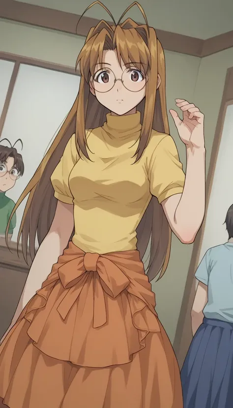 narunarusegawa, naru narusegawa, long hair, brown hair, antenna hair, brown eyes,
lolita outfit, skirt, short sleeves, turtleneck, sleeveless turtleneck, round glasses
indoors,
looking at viewer, dutch angle, cowboy shot,