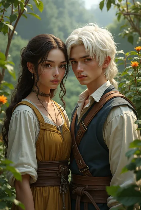 20-year-old peasant woman ,  dark brown hair, Brown eyes, medieval with medicinal plants,  next to a 28-year-old man, albino,  white hair,  yellow eyes ,  realistic style  