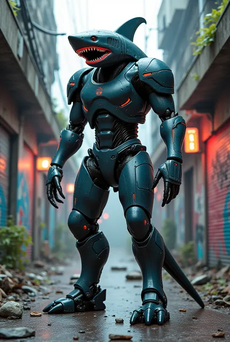 a shark standing on two legs, metal armor suit, graftis and with penis