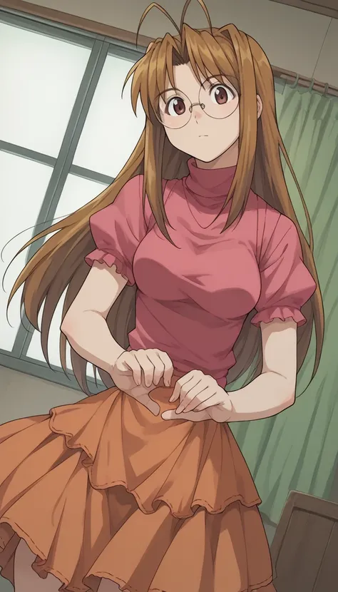 narunarusegawa, naru narusegawa, long hair, brown hair, antenna hair, brown eyes,
lolita outfit, skirt, short sleeves, turtleneck, sleeveless turtleneck, round glasses
indoors,
looking at viewer, dutch angle, cowboy shot, dynamic pose