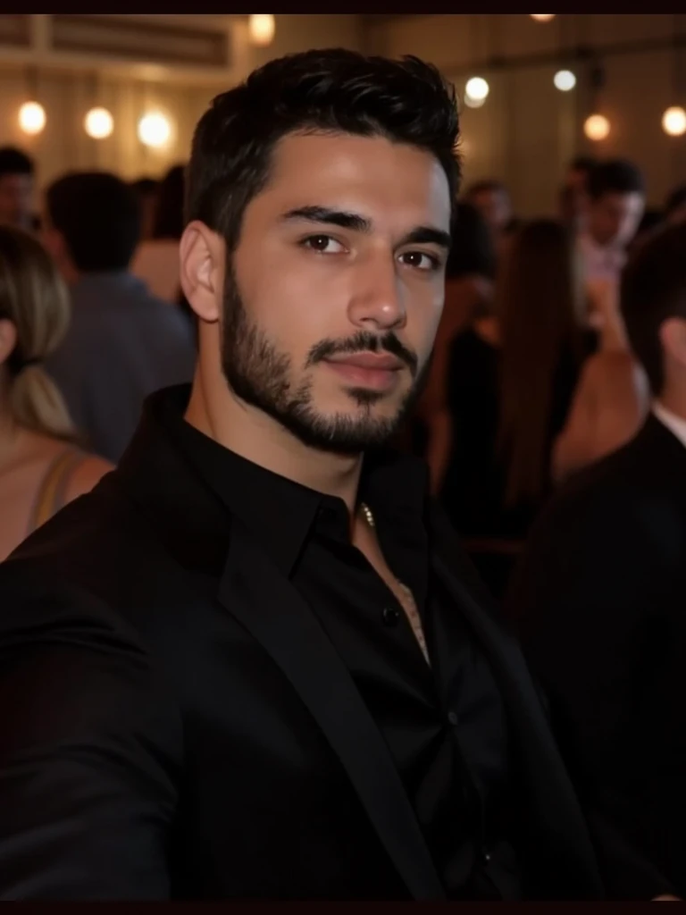 a young handsome turkish guy with muscle,  dark short hair and goatee beard he wearing a black blouse with reverse collar sleeves up  and a black suit pants location is germany amateur photo random picture blouse in pants he is in a disco with girls and si...