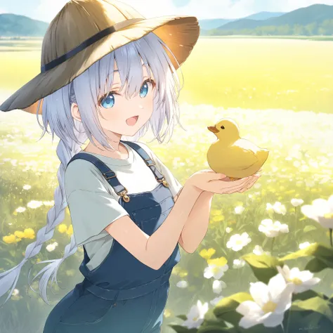 1girl, cute, Flower field, Bangs between eyes, High quality, beautiful, Playing with ducks, breasts,White hair,Cyan eyes, Farmer Hat, farmer girl, young, Beautiful andcute, Overalls , Long braids hair, lively, smile, outdoors, 158cm height, field, wind,fan...