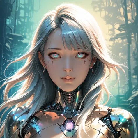 a woman cyborg android robot, highly detailed, extremely realistic, hyper detailed, intricate, photorealistic, dark occult fantasy, retro-futuristic, cyberpunk, ethereal, glowing, iridescent, surreal, mystical, esoteric, hajime sorayama style, hajime soray...