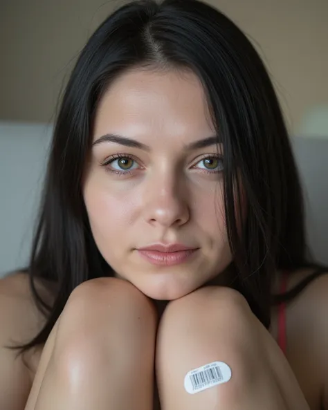  Close-up of the face of a beautiful mature maid woman, Swedish woman with white skin and silky straight black hair with a thin face,  tilts her head facing forward ,  in a seated position bending her legs , is covered with clear plastic and a barcode labe...