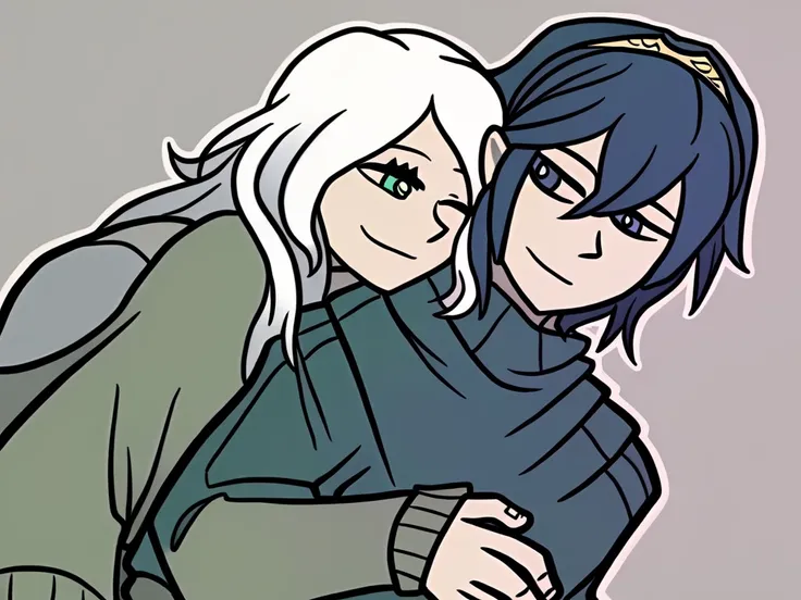 score_9, 1girl, 1male, lucina(fire_emblem), white hair, green eyes, green clothes, clothes,long hair, cuddling with a blue haired man with blue clothes blue eyes, happy, content, cuddling, 