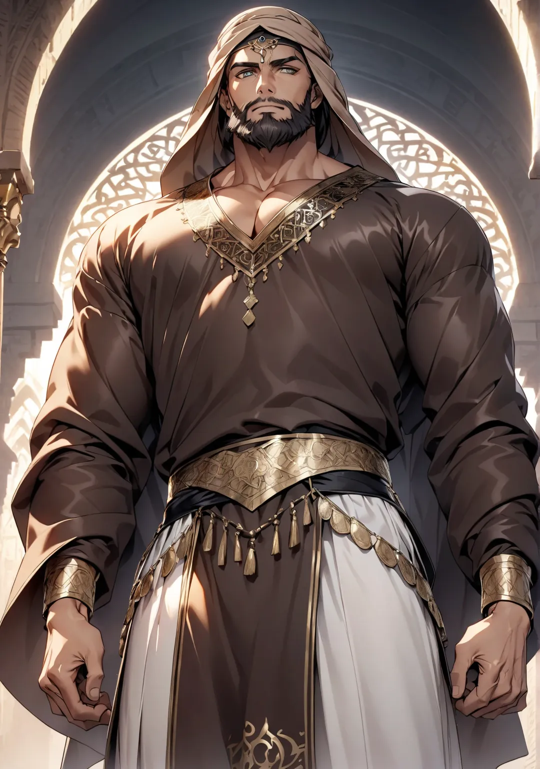  one man , Arabic features ,beard , Wear an ornate Arabic costume ,  brown turban  ,  whose hand is made of white light ,  Hazel eyes  , Strong body , muscular