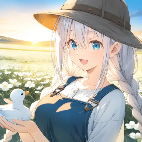 1girl, cute, Flower field, Bangs between eyes, High quality, beautiful, Playing with ducks, breasts,White hair,Cyan eyes, Farmer Hat, farmer girl, young, Beautiful andcute, Sunrise, Overalls , Long braids hair, lively, smile, outdoors, 158cm height, field,...