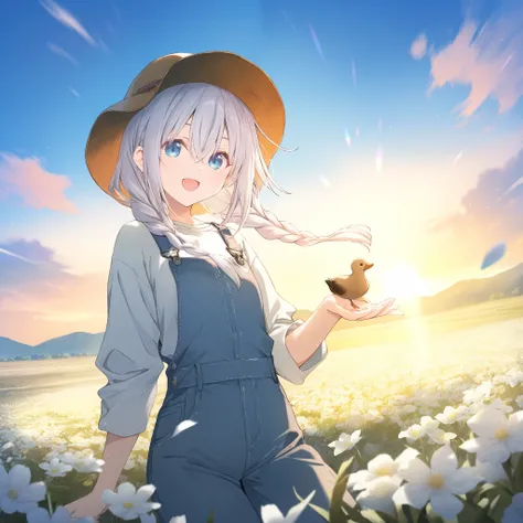 1girl, cute, Flower field, Bangs between eyes, High quality, beautiful, Playing with ducks, breasts,White hair,Cyan eyes, Farmer Hat, farmer girl, young, Beautiful andcute, Sunrise, Overalls , Long braids hair, lively, smile, outdoors, 158cm height, field,...