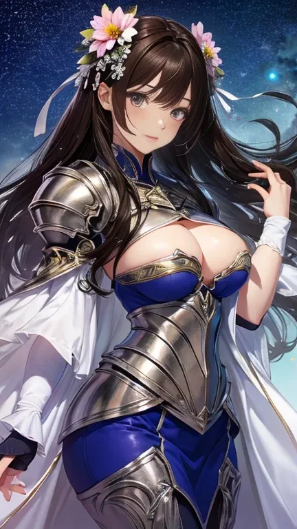 High quality, high detail, brilliant starry sky, flowers of various colors emit dazzling light CG Art 8K --auto --s2,  1 girl  , Chivalrous , knight ,  big boobs, sword ,   brown hair  , press ,   plump hips
