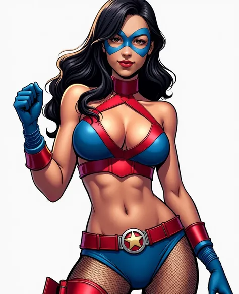 " A comic superhero wearing a red and blue outfit .  Her top is shaped like a sports bikini ,  with well-defined cups and a pronounced 'V' neckline . It features a segmented design with a central red hexagonal pattern and blue side edges.,  gloves connecte...