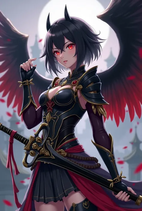 a girl with small horns, dark black hair and black wings like those of a fantasy bird, bright red eyes, white skin with black armor with gold details, holding a sword with a dark aura and a landscape, and behind her a majestic kingdom all fantasy anime Sek...