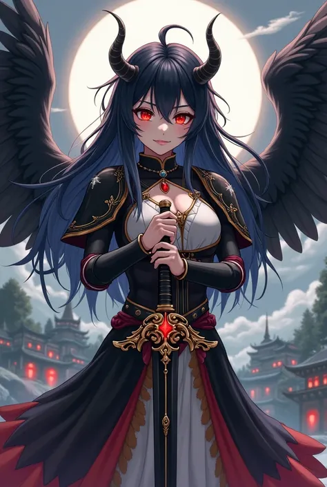 a girl with small horns, dark black hair and black wings like those of a fantasy bird, bright red eyes, white skin with black armor with gold details, holding a sword with a dark aura and a landscape, and behind her a majestic kingdom all fantasy anime Sek...