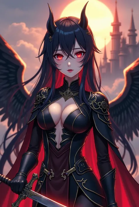 a girl with small horns, dark black hair and black wings like those of a fantasy bird, bright red eyes, white skin with black armor with gold details, holding a sword with a dark aura and a landscape, and behind her a majestic kingdom all fantasy anime Sek...