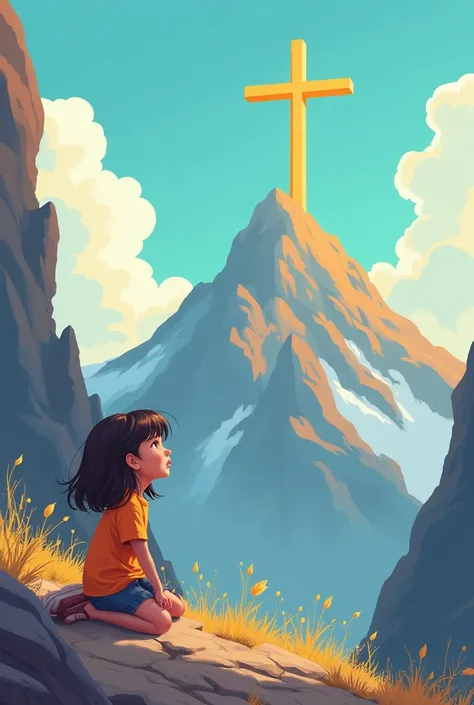 A girl kneeling watching a cross on a mountain like a cartoon 