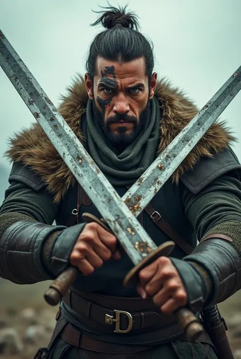 A man with blue and green eyes with scar on his face. Holding a two swords