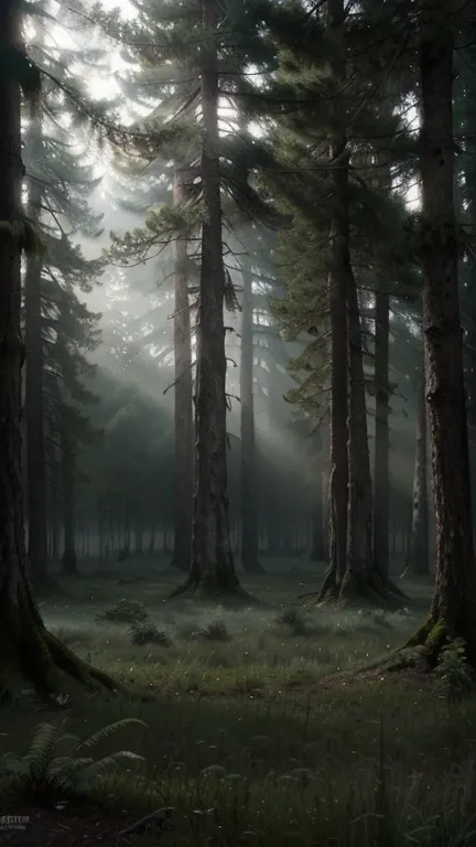 A dark and misty forest at dawn, dense with ancient trees covered in moss and vines, a faint glow of sunlight trying to penetrate through the thick fog, eerie atmosphere with shadows lurking between the trees, mysterious and foreboding, cinematic lighting,...