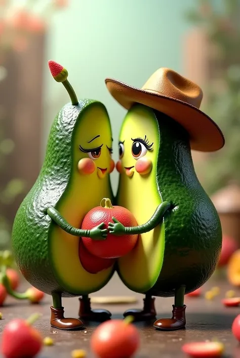 An avocado with false eyelashes and nails kissing a cowboy avocado with a different colored eye 