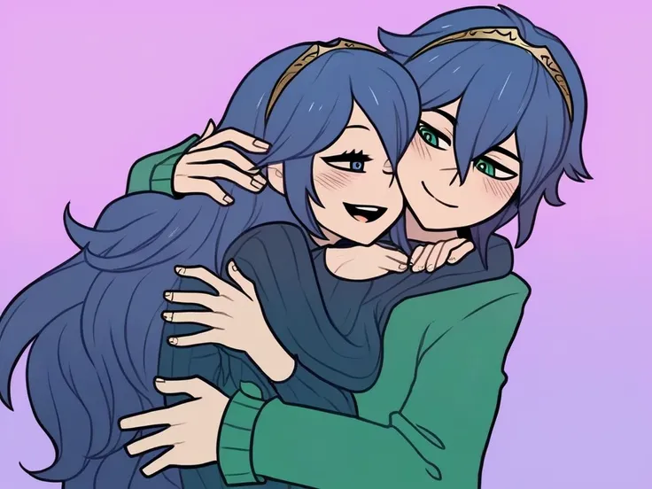 score_9, 1girl, 1male, lucina(fire_emblem), blue hair, blue eyes, blue clothes,long hair, cuddling with a white haired man with green clothes and green eyes, happy, content, cuddling, 