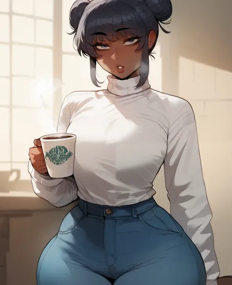 Score_9, Score_8_up, Score_7_up, Score_6_up, 1female, dark skin, huge double bun, wide hips, droopy eyes, neutral expression, parted lips, wearing a oversized sweater, oversized jeans, leaned on the wall, looking at viewer, holding a cup of coffee, by krek...