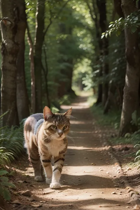 A large brown-furred cat walks gracefully through a dense forest. The camera faces the cat from the front, capturing its every step as it moves along a narrow dirt path. Towering trees with lush green leaves form a canopy above, casting dappled sunlight on...