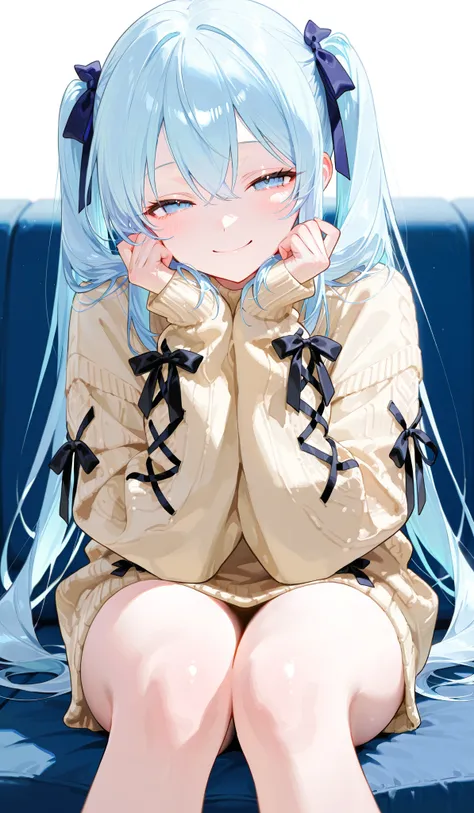 One person、 light blue hair、 blue eyes、Slightly narrowed eyes 、 twin tails、 frill、ribbon、 sweater、indoor、sit、 smile、 watching here、 Masterpiece、 top quality、