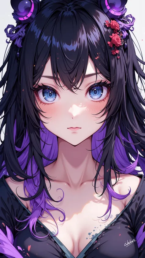 Exceptional work， shows a person with blue eyes 、thick eyelashes、 black and purple mixed hair 、 Medium chest 、 detailed eyes and skin ，Girl with flat color style 。 This work should be of the highest quality ， Very detailed ， and presented as a masterpiece ...