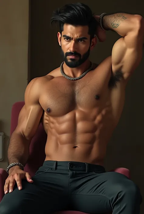 "A hyper-realistic digital painting of a muscular rajput male model with warm brown skin, a chiseled six-pack, and broad shoulders. He has a short, well-groomed, thick beard and thick, stylish dark hair. His smoldering gaze is directed to the side, exuding...