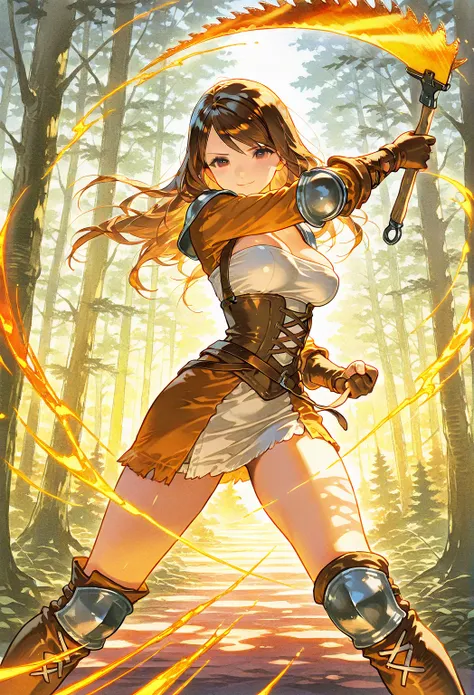  final fantasy tactics style , watercolor shading ,  hand-painted texture , de frente  to the spectator,  Fight Pose,  long brown hair , Powerful woman lumberjack, large elongated saw in the hands and ornamented with bright reflections,  Inspired by fantas...